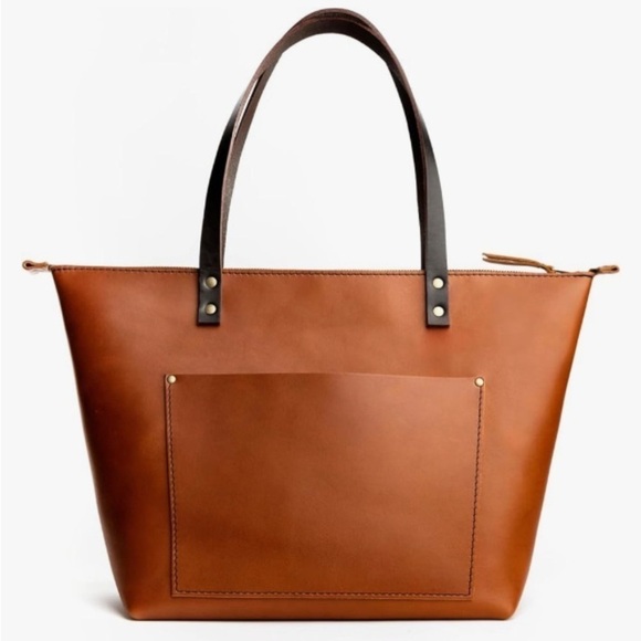 Portland Leather Goods Zip Top Tote Bag Artisan Leather Handbag Brown Medium
